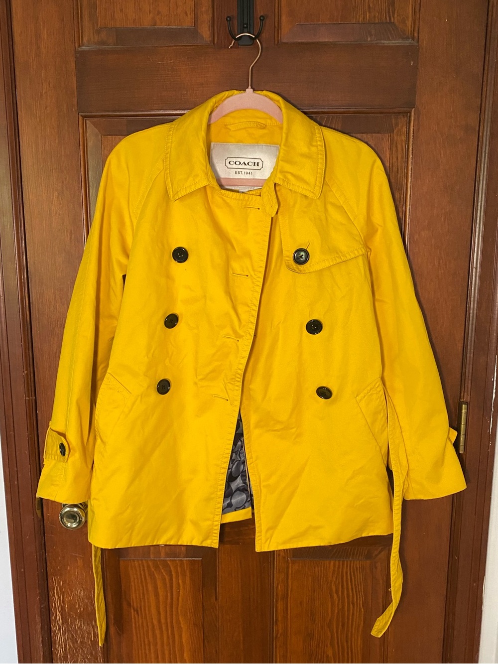 COACH Women's Sunflower Yellow Double-Breasted Cotton Short Trench Coat